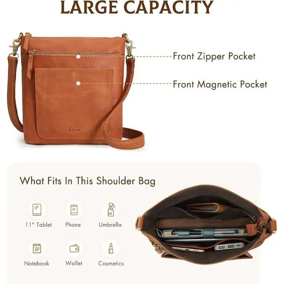 Leather Crossbody Bag for Women Medium Vintage Multi Pockets Travel Purse - Picture 5 of 8